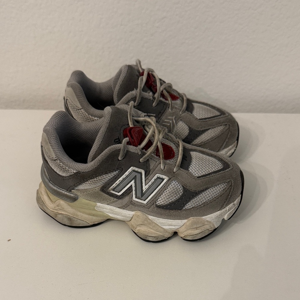 New Balance Kids Gray and White Mesh Suede Sneakers with Red Accents